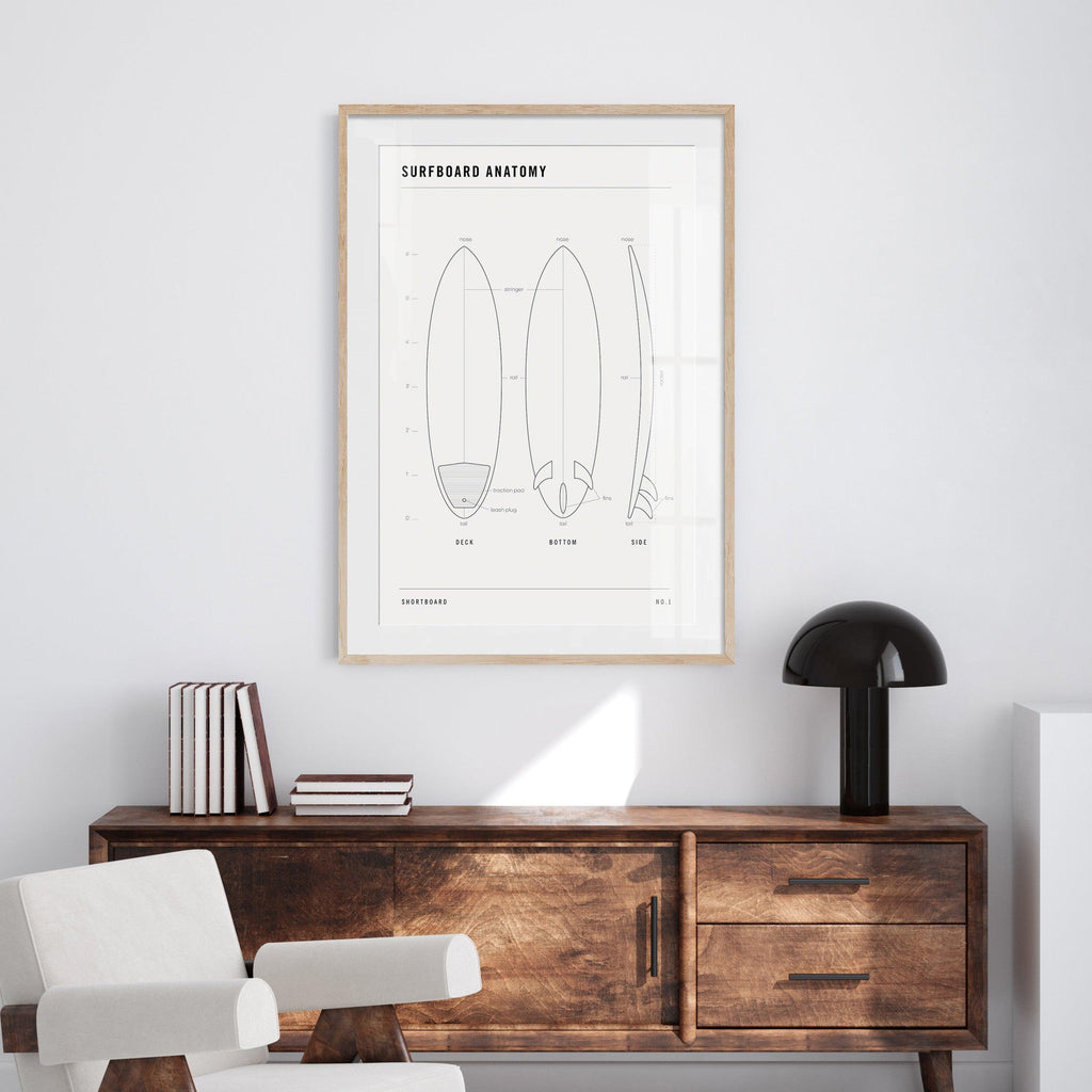Surfboard Anatomy No.1: Shortboard - beach, black and White, featured, fresh, Graphic, illustration, Office, portrait print, poster, sports, surf - LNDN GRAY